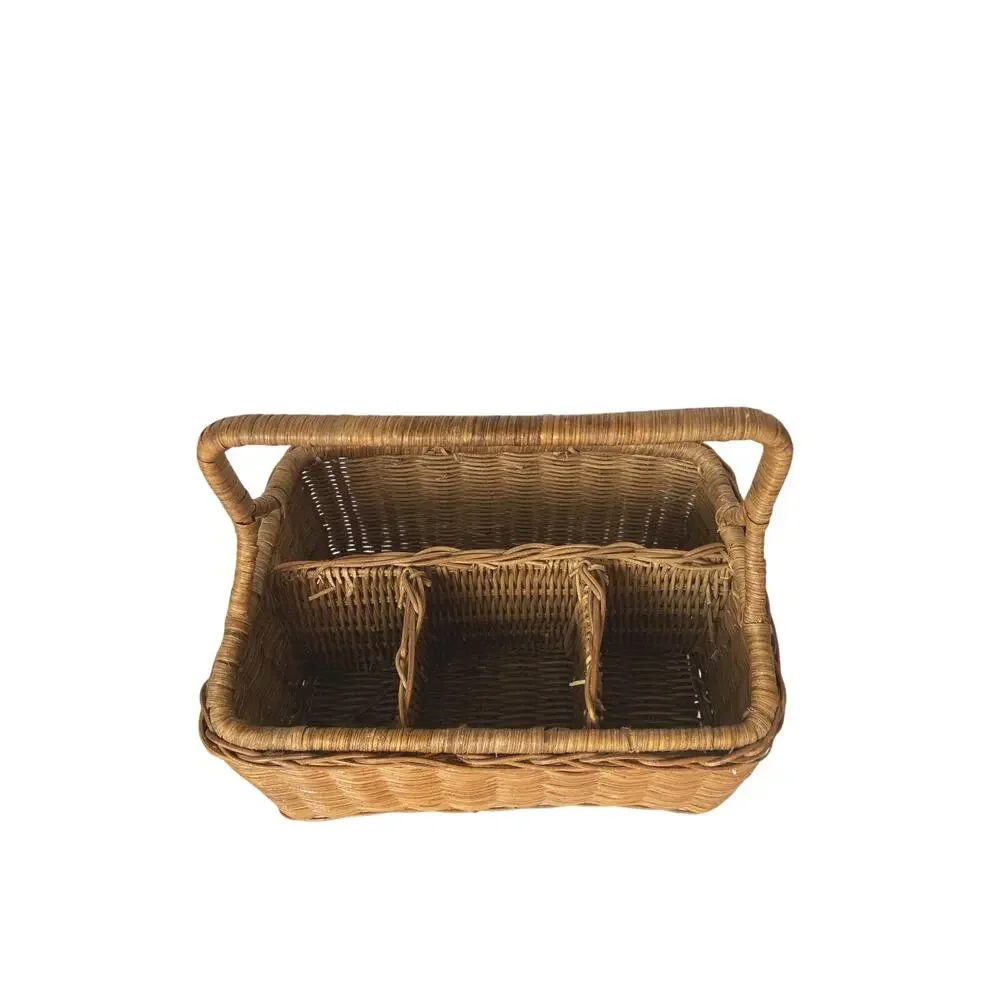 Vintage Rattan & Wicker Divided Utensil Caddy Storage Basket Country Cottage